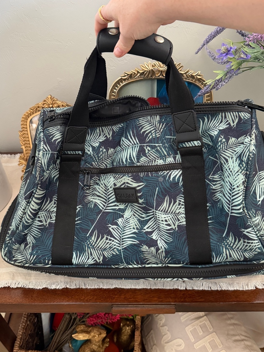 Calpak Travel Duffel with Palm Leaf Pattern